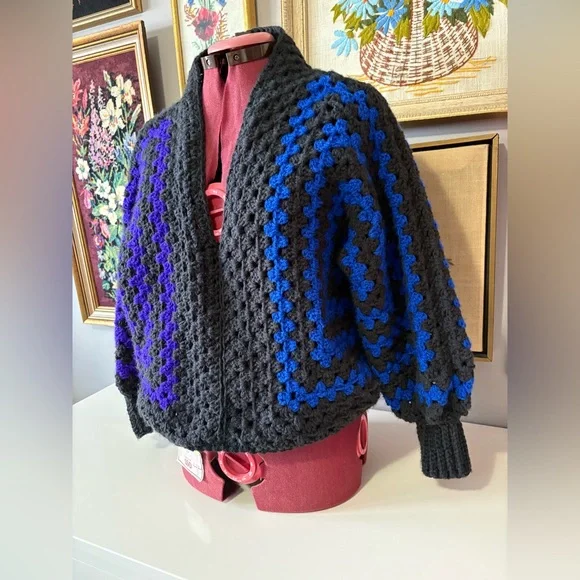 Black, Purple Blue Crochet Cardigan. Handmade. - Picture 8 of 8